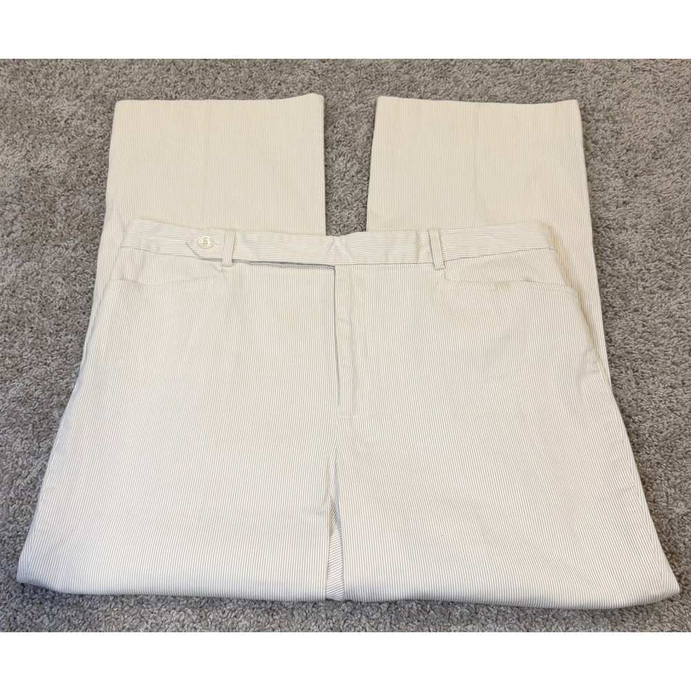 Lauren Ralph Lauren Tan White Pinstripe Seersucker Pants Size 16 Stretch Cotton